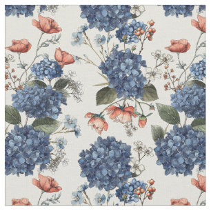 Dreamy Hydrangea Royal Blue with red poppy Flower Fabric