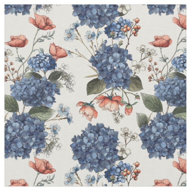 Dreamy Hydrangea Royal Blue with red poppy Flower  Fabric (Close Up)