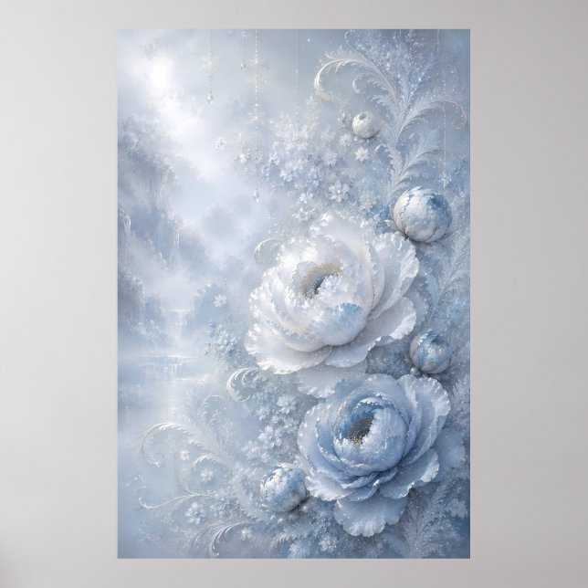 Dreamy Ice Blue Embossed Floral Garden Poster (Front)