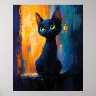 Dreamy Kitten, Black Cat Painting Poster