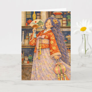 Dreamy Korean Hanbok Girl with Fan & Norigae Card