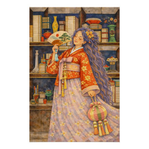 Dreamy Korean Hanbok Girl with Fan & Norigae Poster