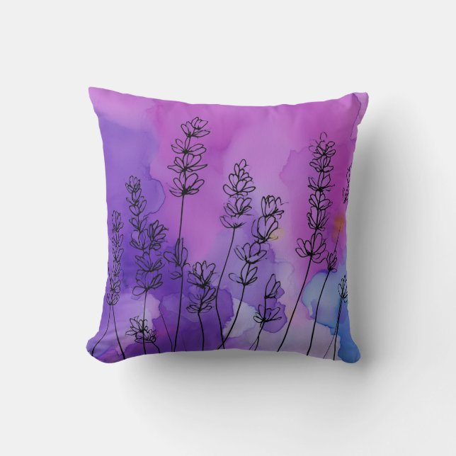 Dreamy Lavender Floral Watercolor Throw Pillow (Front)