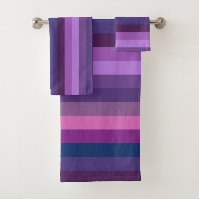 Dreamy Lavender & Plum Moody Stripe Pattern Bath Towel Set (Insitu)