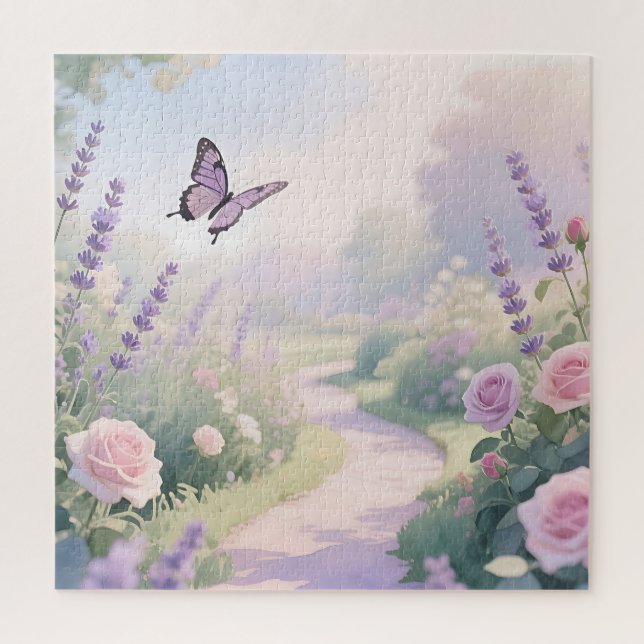 Dreamy Lavender Rose Garden Butterfly Path Jigsaw Puzzle (Vertical)