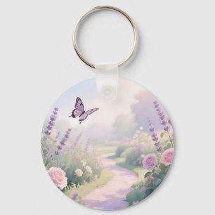 Dreamy Lavender Rose Garden Butterfly Path Key Ring