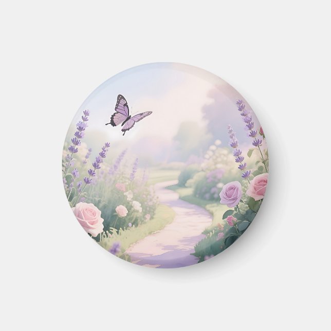 Dreamy Lavender Rose Garden Butterfly Path Magnet (Front)