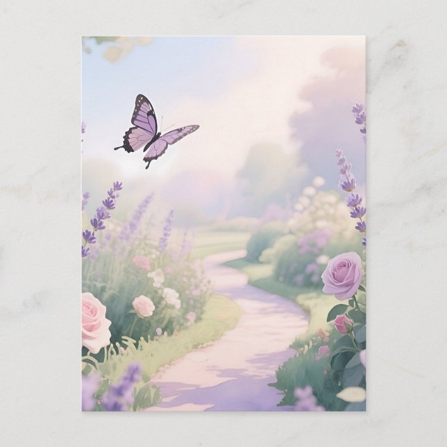 Dreamy Lavender Rose Garden Butterfly Path Postcard (Front)