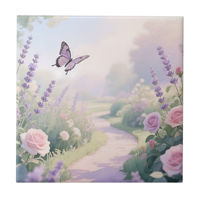 Dreamy Lavender Rose Garden Butterfly Path Tile (Front)
