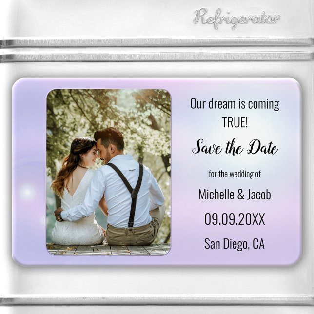 Dreamy  Lilac Blue Lights Photo Save the Date Magnet (Save the Date magnet featuring your own photo framed by a romantic dreamy lilac blue lights design.)