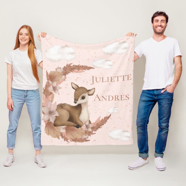 Dreamy little Bambi & Clouds| Flowers Baby Nursery Fleece Blanket (In Situ)