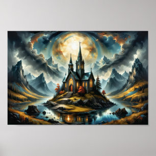 Dreamy little mountain church on a lake at sunset poster