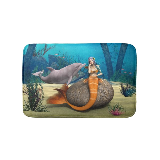 Dreamy Mermaid Dolphin Underwater Fantasy Art Bath Mat (Front)