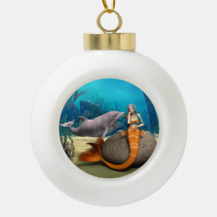 Dreamy Mermaid Dolphin Underwater Fantasy Art Ceramic Ball Christmas Ornament