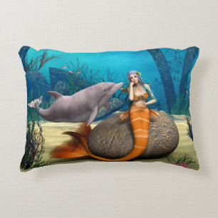 Dreamy Mermaid Dolphin Underwater Fantasy Art Decorative Cushion