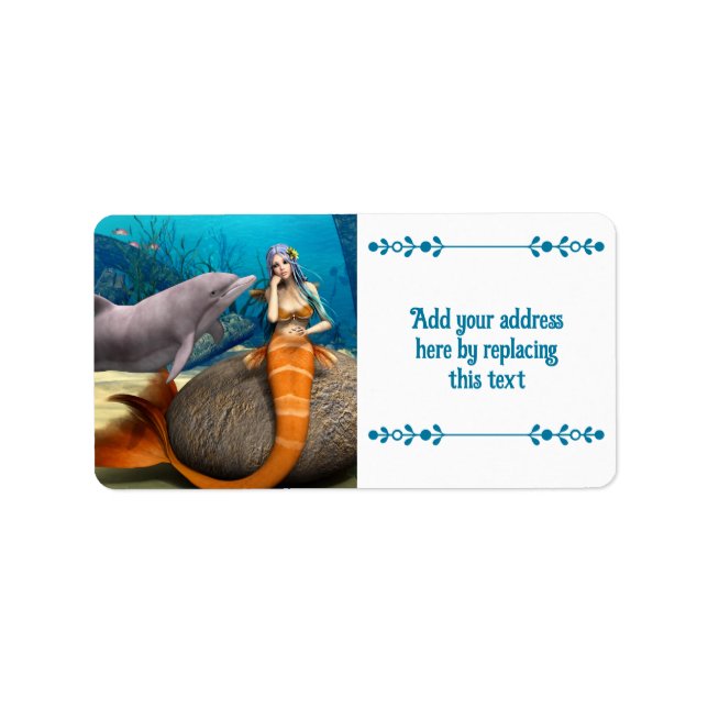 Dreamy Mermaid Dolphin Underwater Fantasy Art Label (Front)
