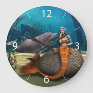 Dreamy Mermaid Dolphin Underwater Fantasy Art Large Clock