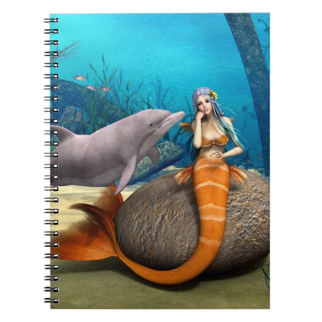Dreamy Mermaid Dolphin Underwater Fantasy Art Notebook (Front)