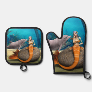 Dreamy Mermaid Dolphin Underwater Fantasy Art Oven Mitt & Pot Holder Set
