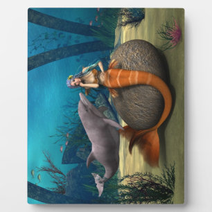 Dreamy Mermaid Dolphin Underwater Fantasy Art Plaque