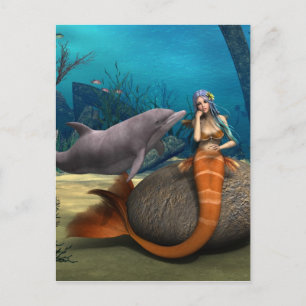 Dreamy Mermaid Dolphin Underwater Fantasy Art Postcard