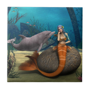 Dreamy Mermaid Dolphin Underwater Fantasy Art Tile