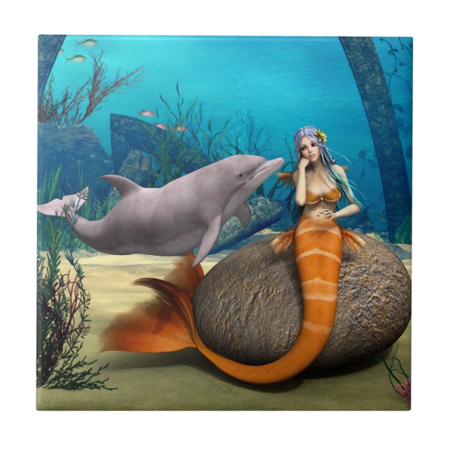 Dreamy Mermaid Dolphin Underwater Fantasy Art Tile (Front)