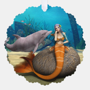 Dreamy Mermaid Dolphin Underwater Fantasy Art Tree Decoration Card