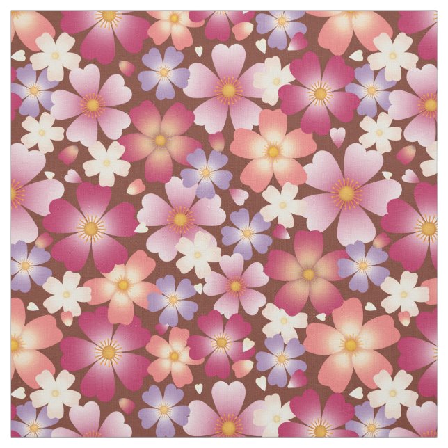 Dreamy Mixed Blossoms on Brown Medium Scale Fabric (Swatch)