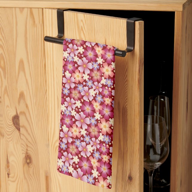 Dreamy Mixed Blossoms on Red Tea Towel (Thirds Fold)