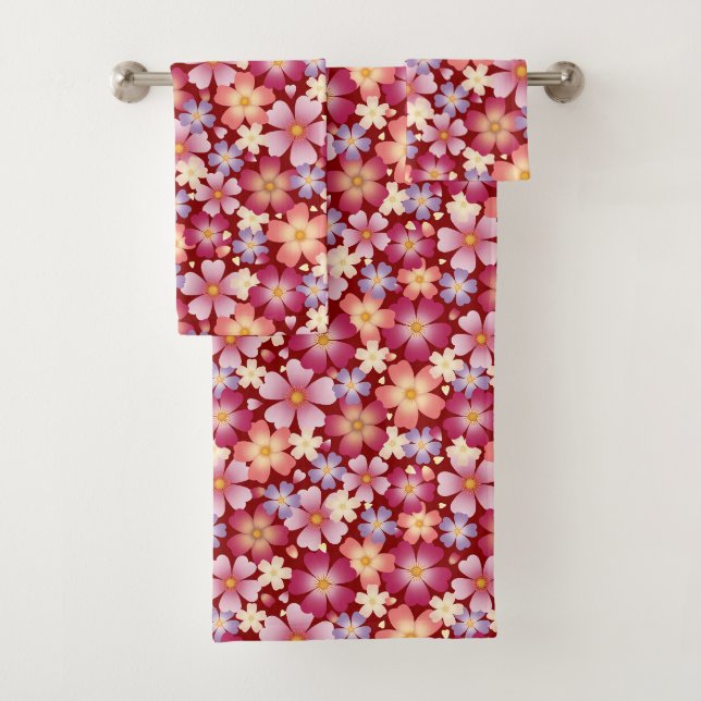 Dreamy Mixed Blossoms (Red) Floral Bath Towel Set (Insitu)