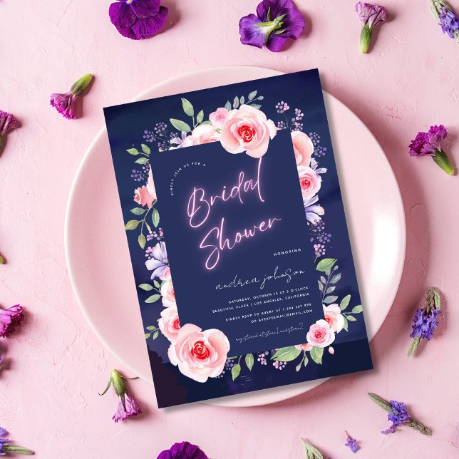 Dreamy Modern Floral Fantasy Neon Bridal Shower Invitation (Creator Uploaded)