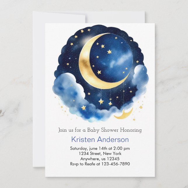 Dreamy Moon and Stars Blue Boy Baby Shower Invitation (Front)