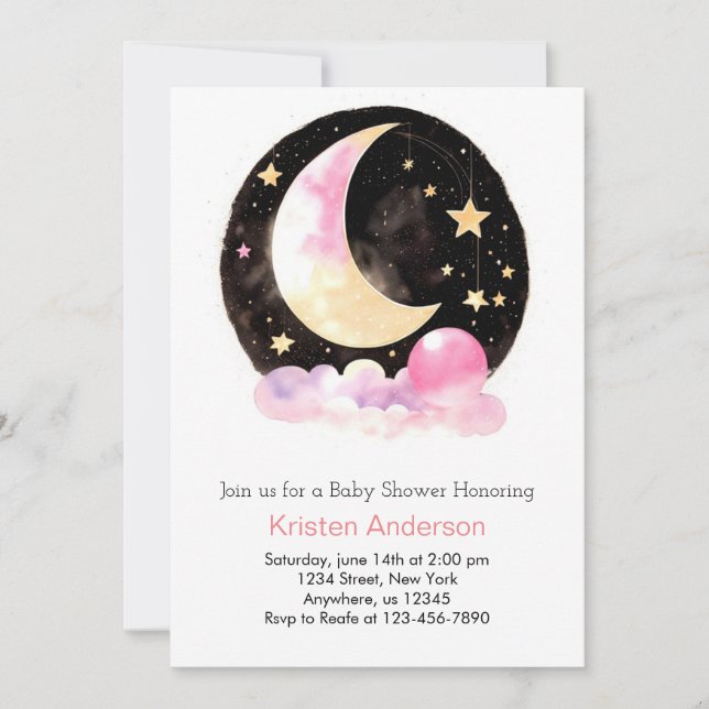 Dreamy Moon and Stars Pink Girl Baby Shower Invitation (Front)