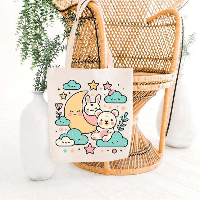 Dreamy Moon Bunny and Bear Tote Bag (Creator Uploaded)