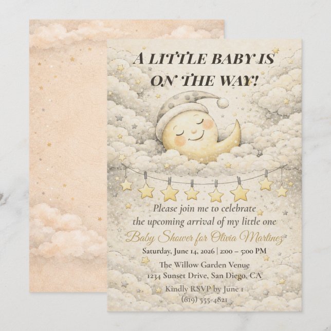 Dreamy Moon & Stars Baby Shower Invitation (Front/Back)