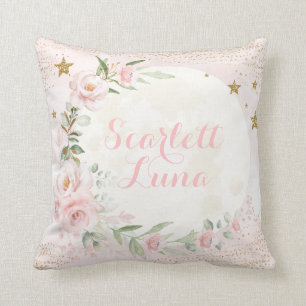 Dreamy Moon & Stars Blush Pink Gold Floral Nursery Cushion