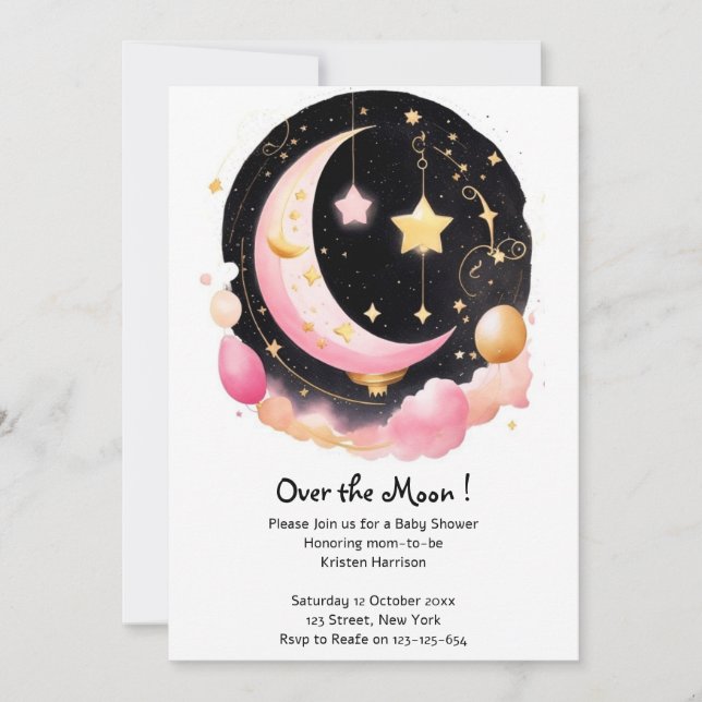 Dreamy Moon & Stars Theme Baby Girl Shower Invitation (Front)