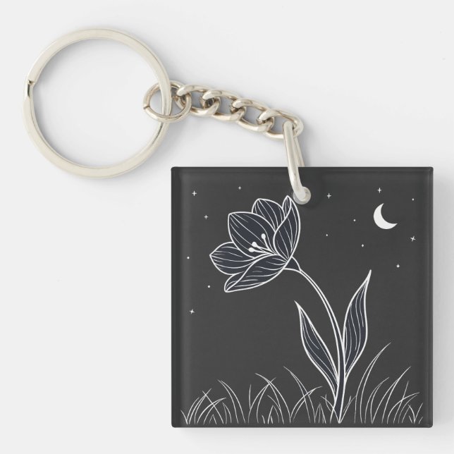 Dreamy Moonlit Flower Line Art with Stars Key Ring (Front)