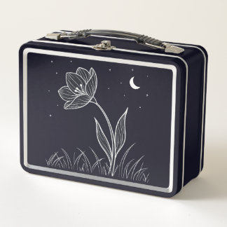 Dreamy Moonlit Flower Line Art with Stars Metal Lunch Box