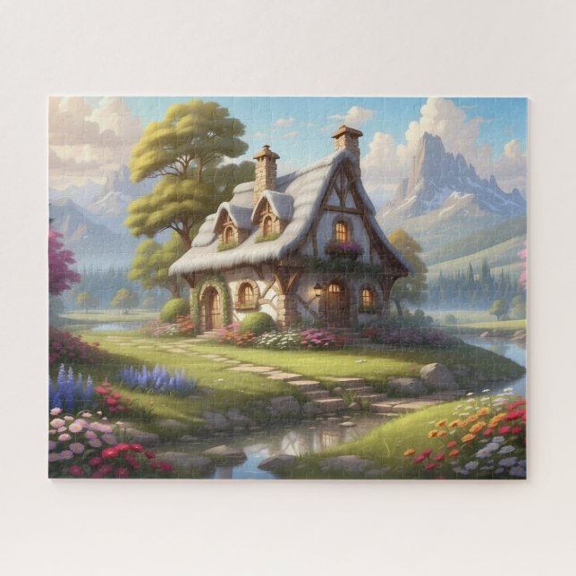 Dreamy Mountain Cottage by Stream Jigsaw Puzzle (Horizontal)