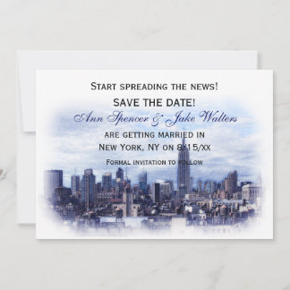 Dreamy Navy Blue NYC Skyline Save the Date H Invitation