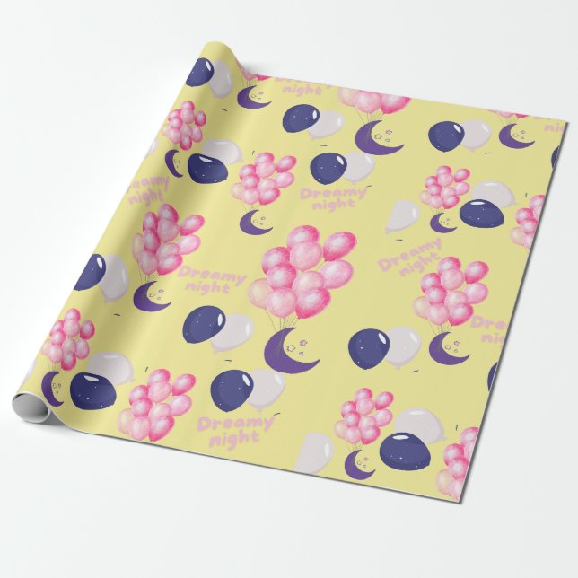 Dreamy Night Balloon Pink & Navy Balloons Wrapping Paper (Unrolled)