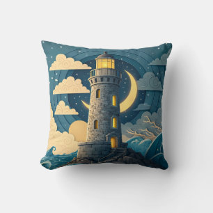 Dreamy Night Lighthouse Ocean Throw Pillow
