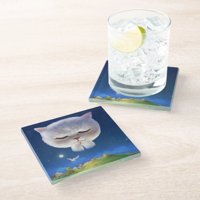 Dreamy Night Sky with Cat Glass Coaster (Angled)