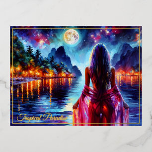 Dreamy ocean beach girl with moon and lights foil holiday postcard