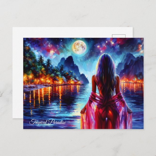 Dreamy ocean beach girl with moon and lights postcard (Front/Back)