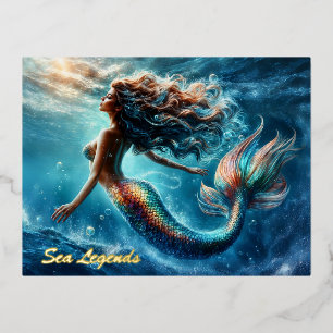 Dreamy ocean mermaid girl fantasy creature foil holiday postcard