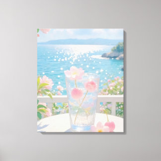 Dreamy Ocean View with Pink Flowers Summer Art Canvas Print