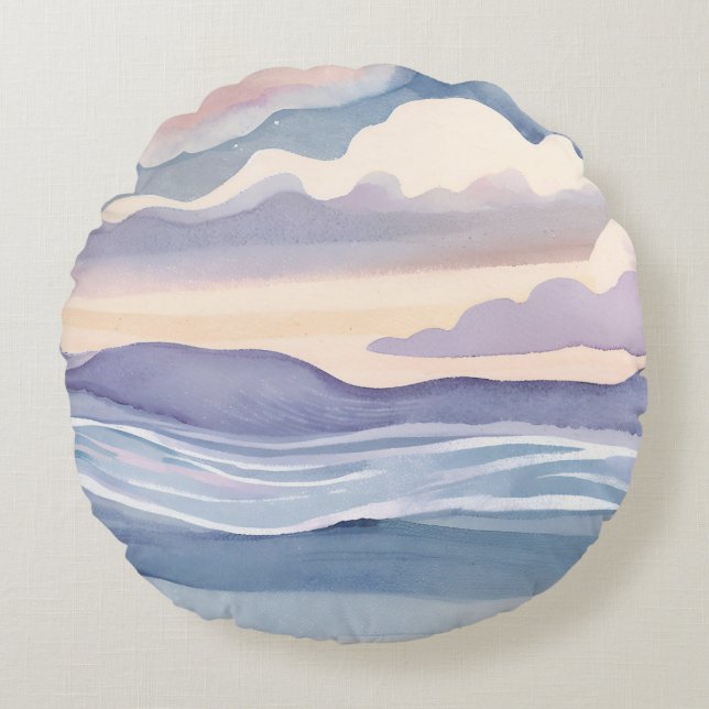 Dreamy Ocean Waves | Watercolor Round Cushion (Front)